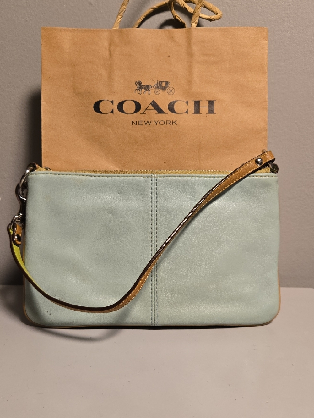 COACH Two-Tone Leather Wristlet- Blue, Green and Tan - Picture 5 of 11